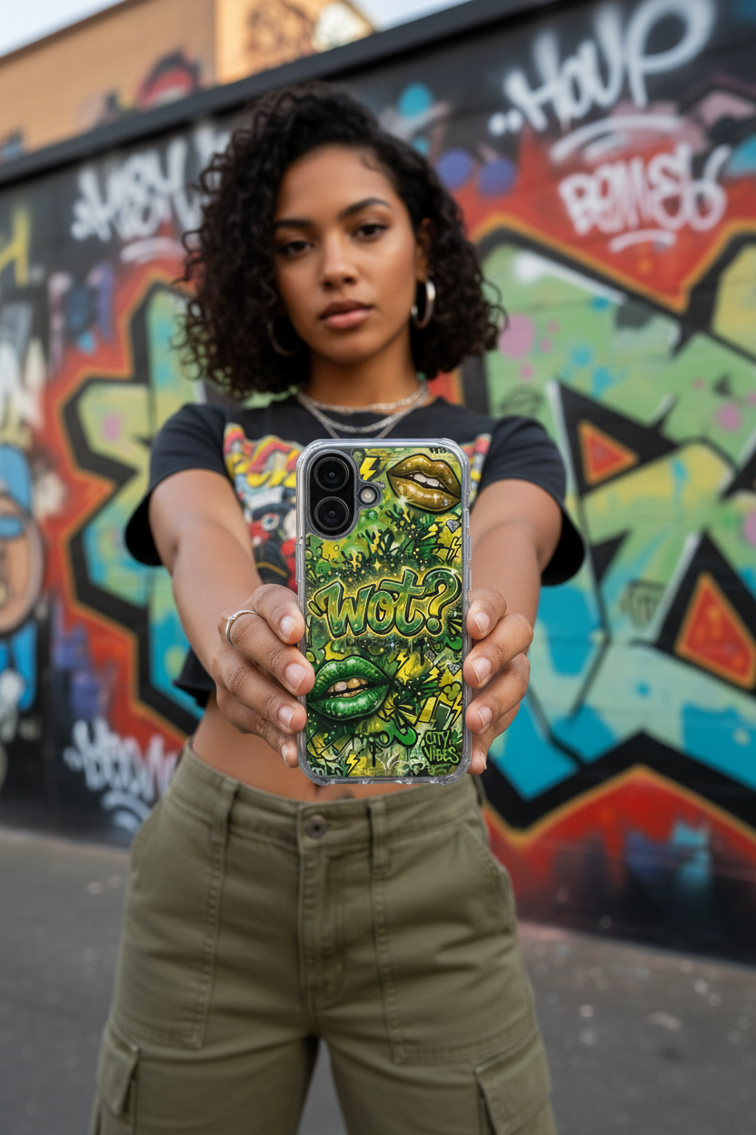 Girl holding Green/Yellow iPhone 16 case