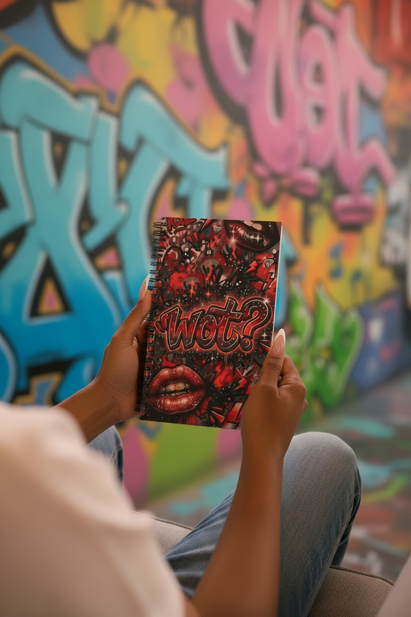 Nude French tip nails holding red/black notebook against graffiti wall